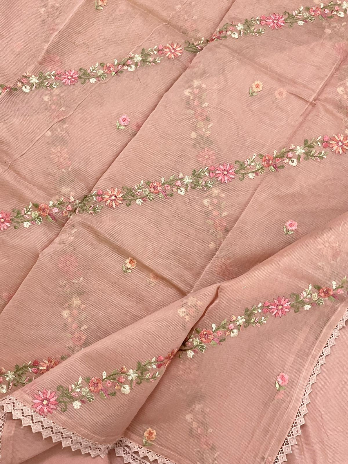 Soft Fine Supernet Embroidered Suit - Peach