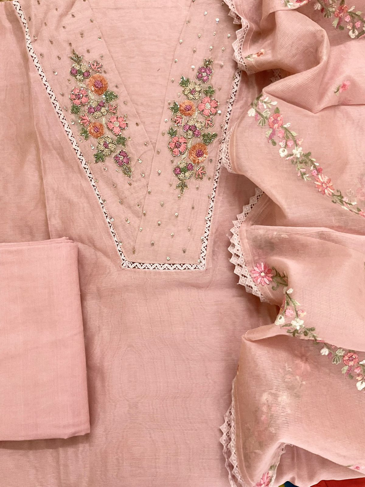 Soft Fine Supernet Embroidered Suit - Peach