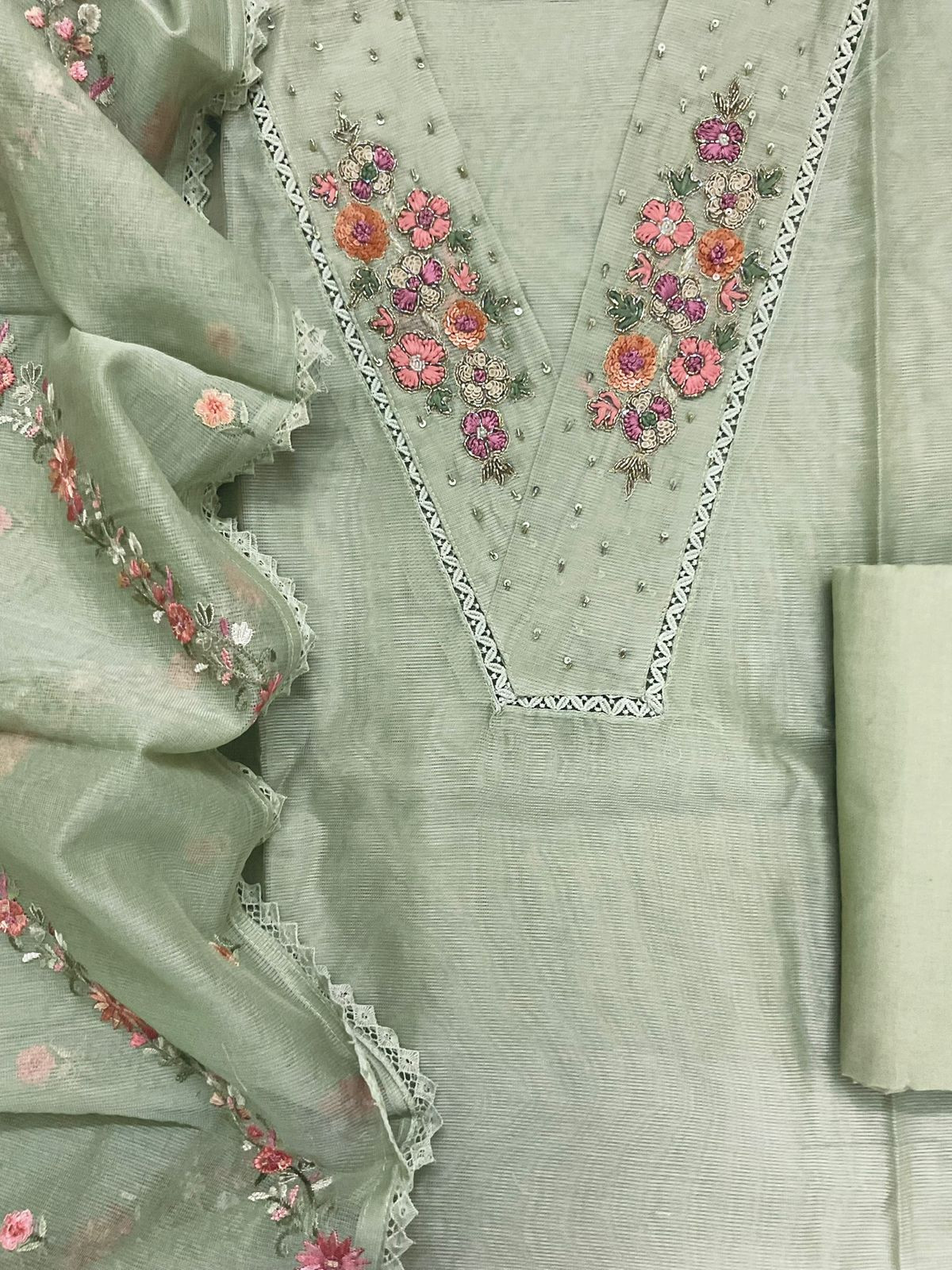 Soft Fine Supernet Embroidered Suit - Green