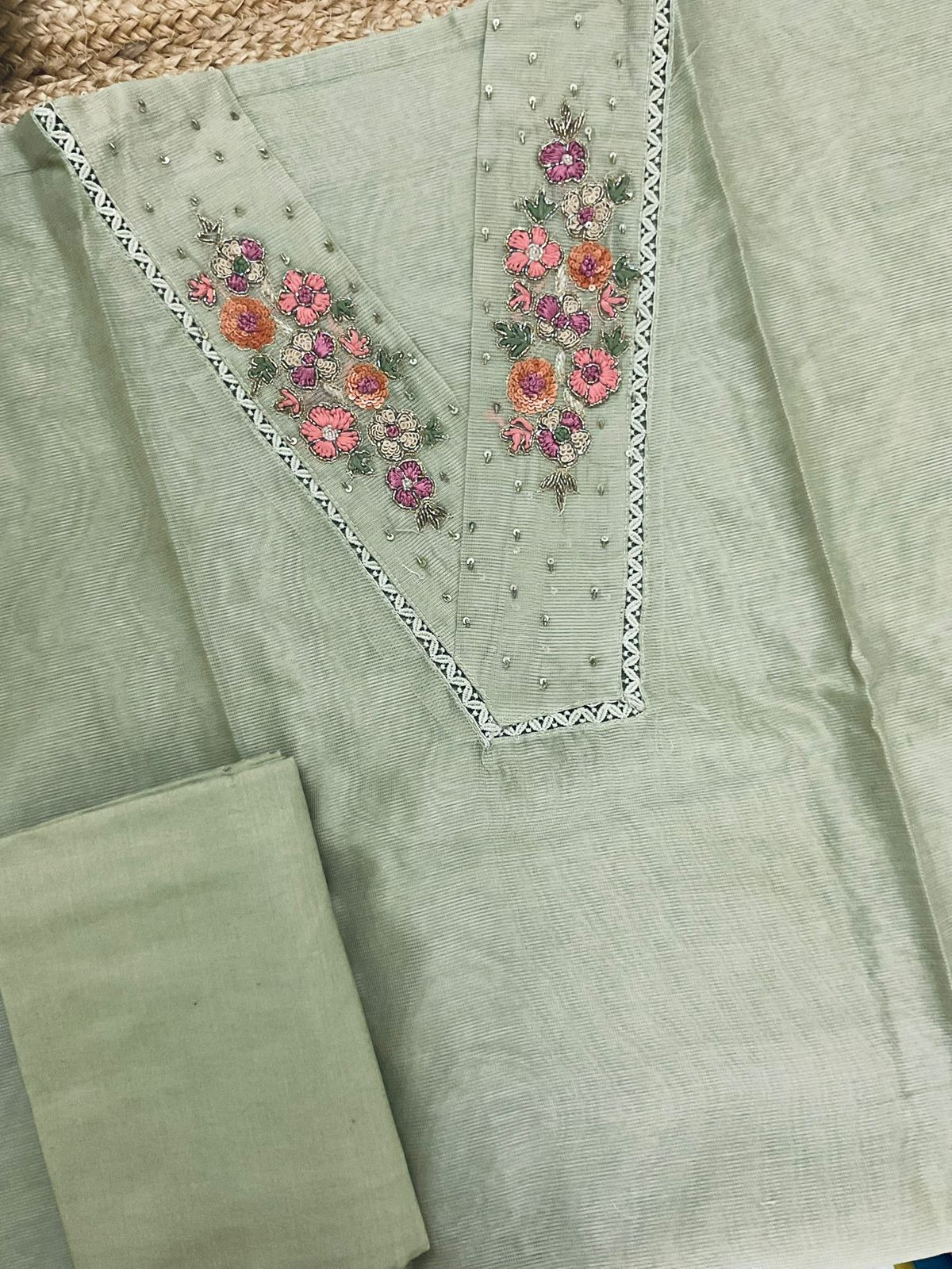 Soft Fine Supernet Embroidered Suit - Green