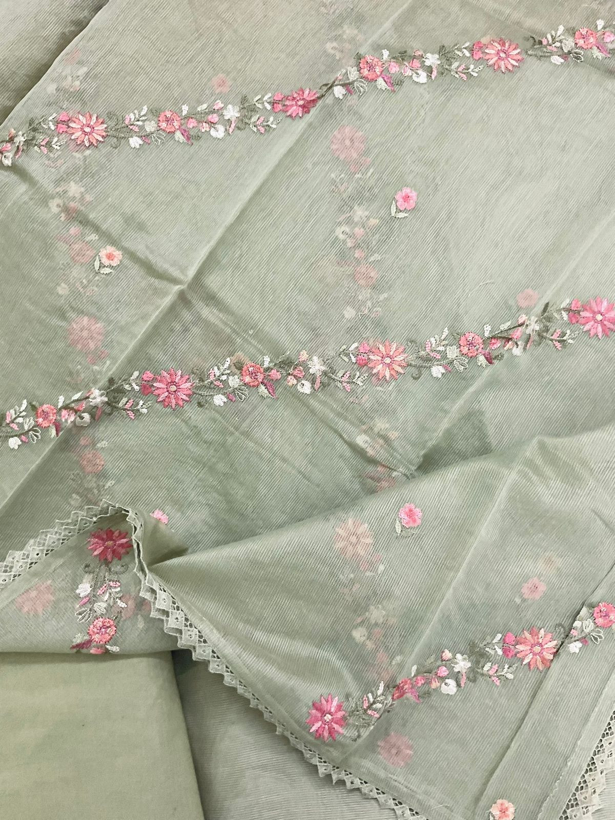 Soft Fine Supernet Embroidered Suit - Green