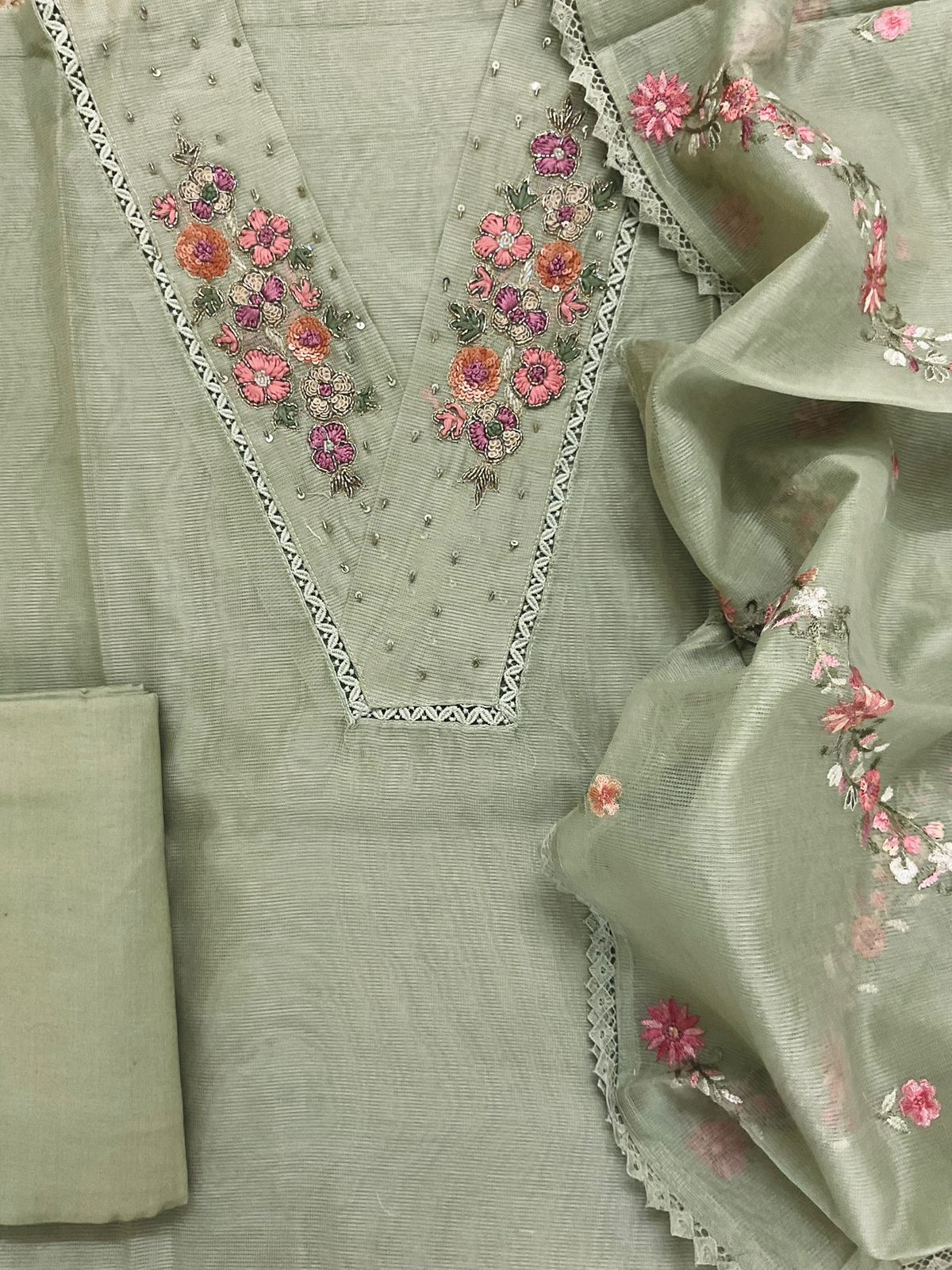 Soft Fine Supernet Embroidered Suit - Green