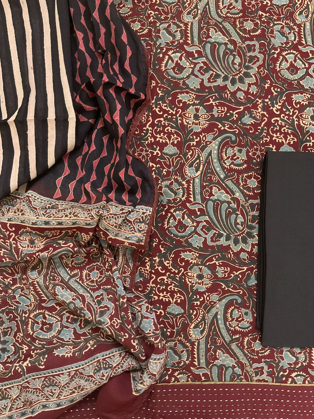 Pure Cotton Printed Embroidered Border Suit - Maroon