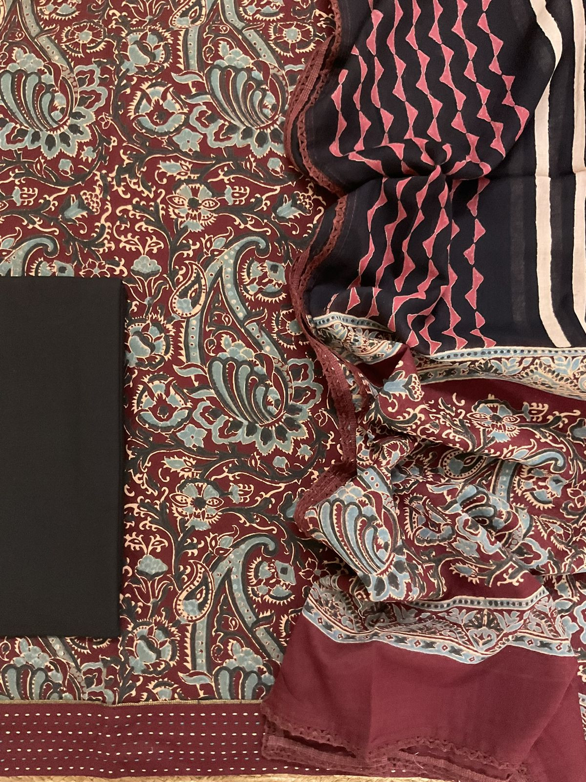 Pure Cotton Printed Embroidered Border Suit - Maroon