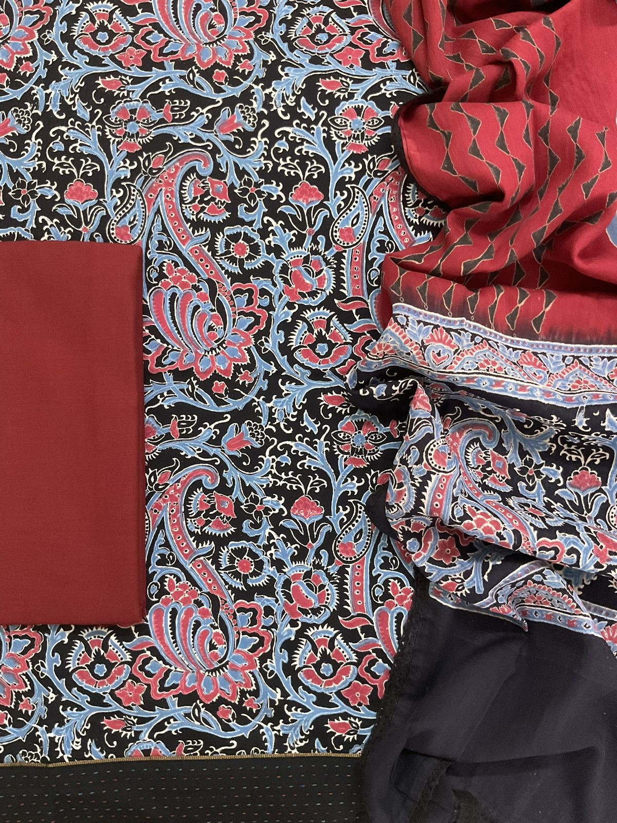 Pure Cotton Printed Embroidered Border Suit - Black