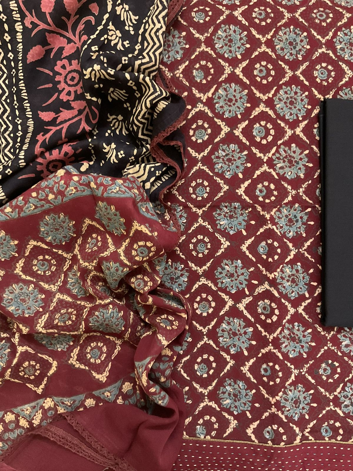 Pure Cotton Printed Embroidered Border Suit - Maroon