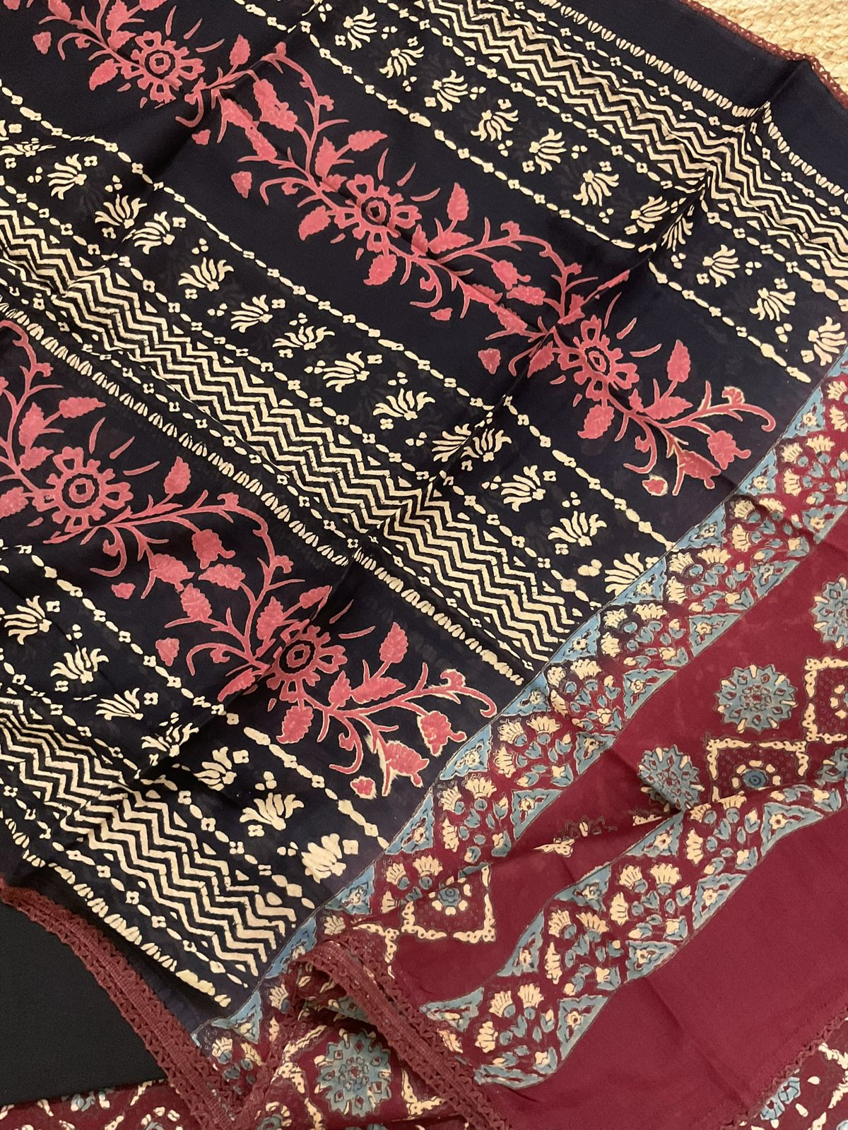 Pure Cotton Printed Embroidered Border Suit - Maroon