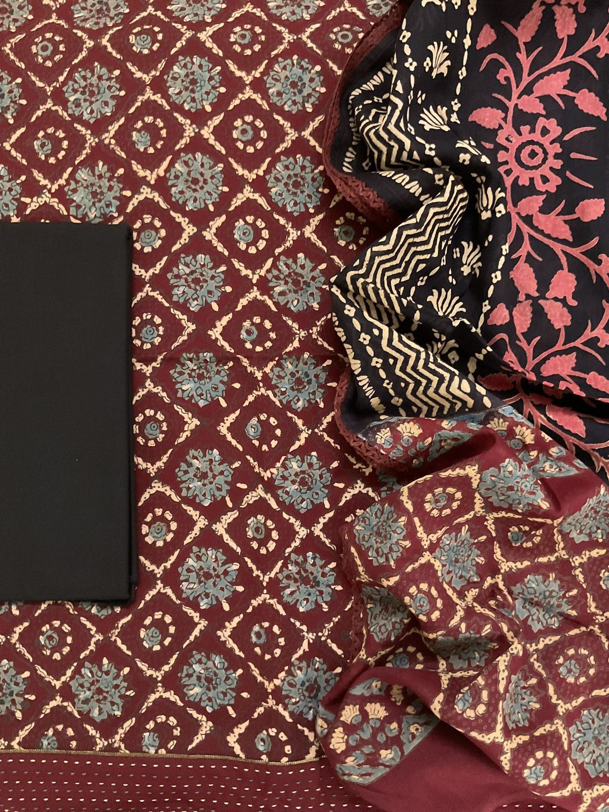 Pure Cotton Printed Embroidered Border Suit - Maroon