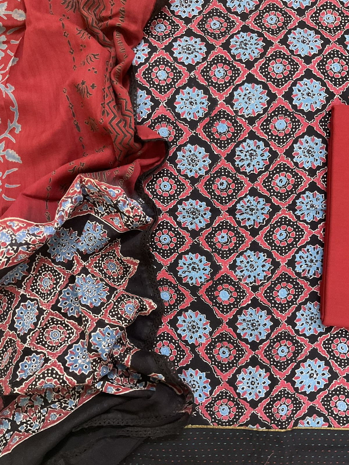 Pure Cotton Printed Embroidered Border Suit - Black