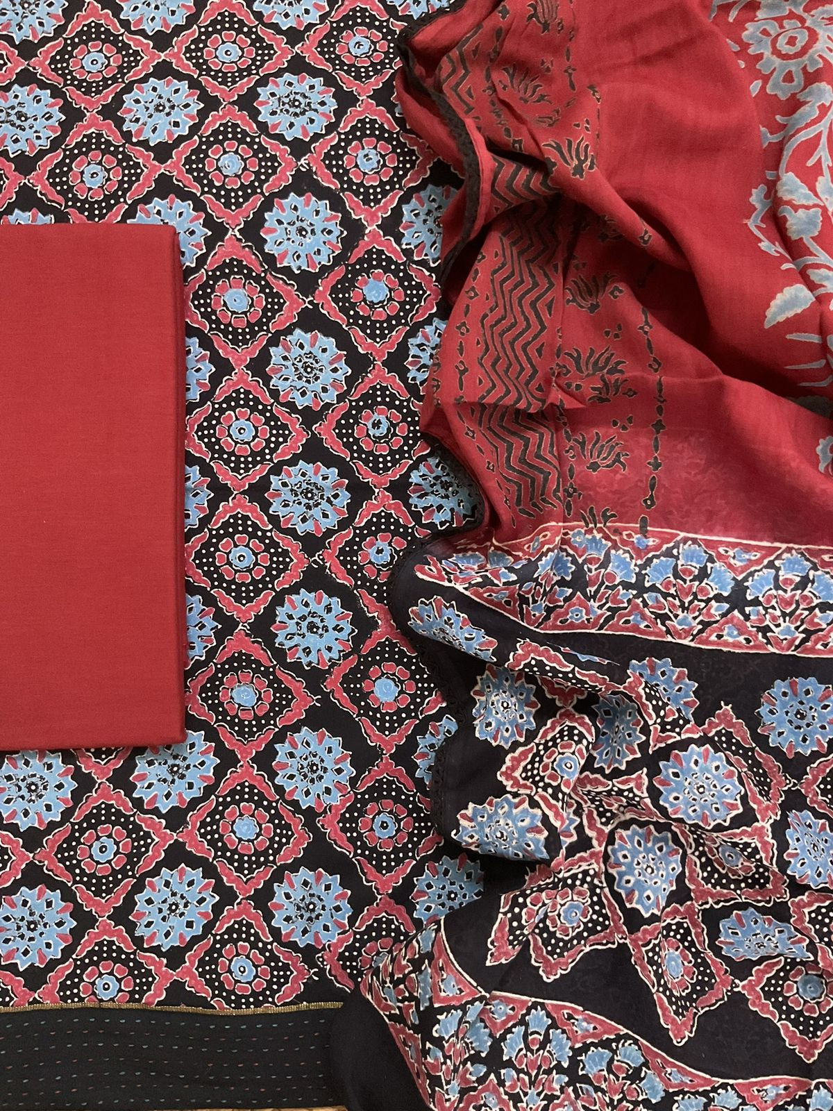 Pure Cotton Printed Embroidered Border Suit - Black