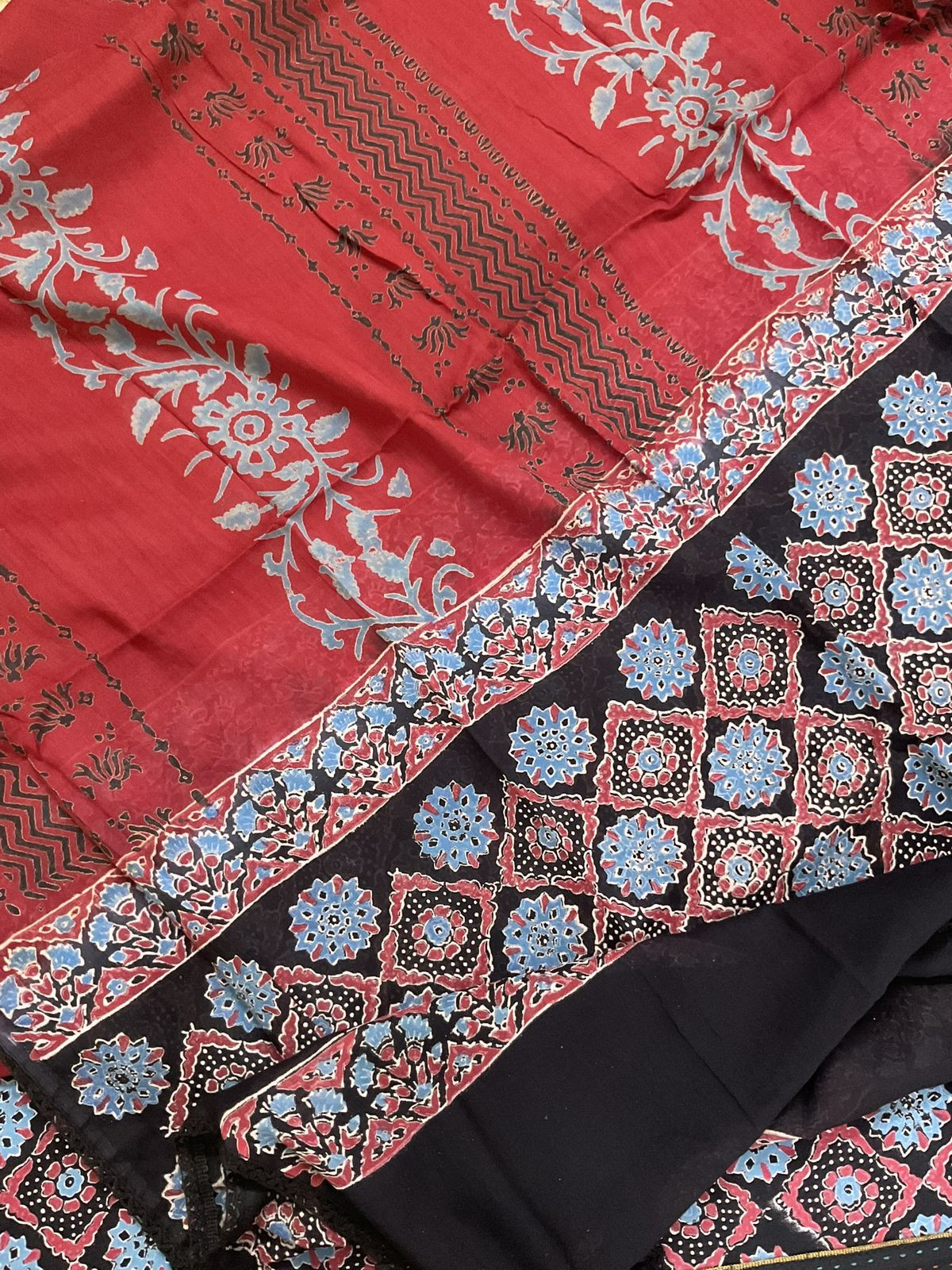 Pure Cotton Printed Embroidered Border Suit - Black