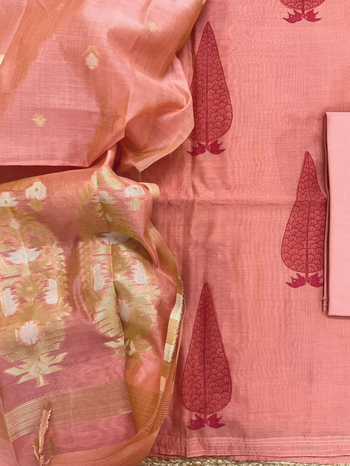 Soft Kora Chanderi Block Printed Jamdani Weaved Suit - Peach