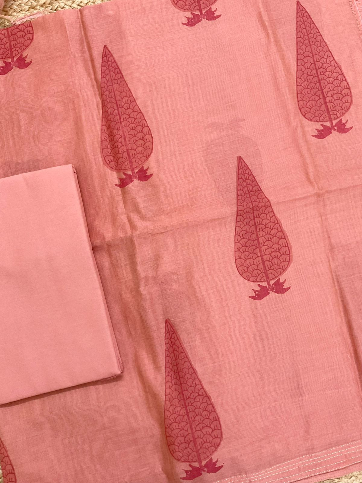 Soft Kora Chanderi Block Printed Jamdani Weaved Suit - Peach