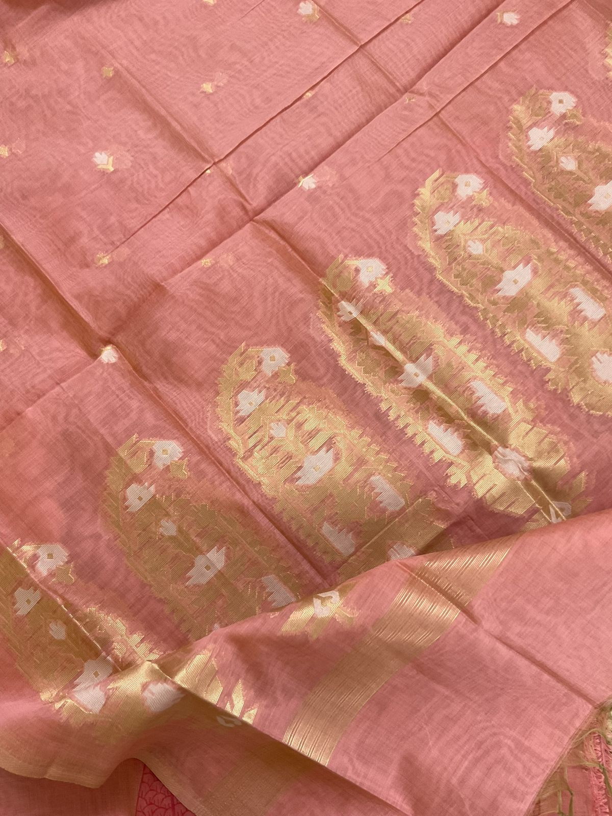 Soft Kora Chanderi Block Printed Jamdani Weaved Suit - Peach