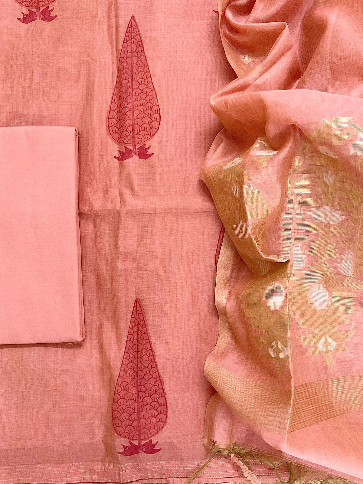 Soft Kora Chanderi Block Printed Jamdani Weaved Suit - Peach