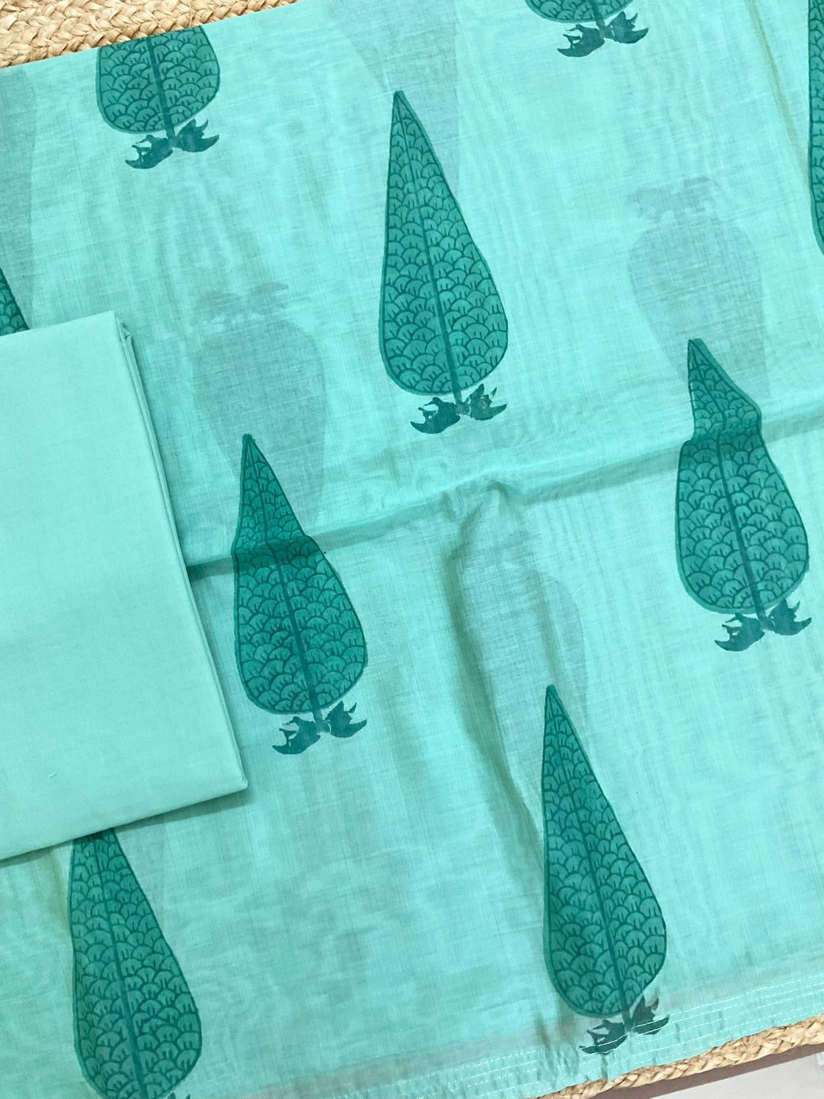 Soft Kora Chanderi Block Printed Jamdani Weaved Suit - Sea Blue