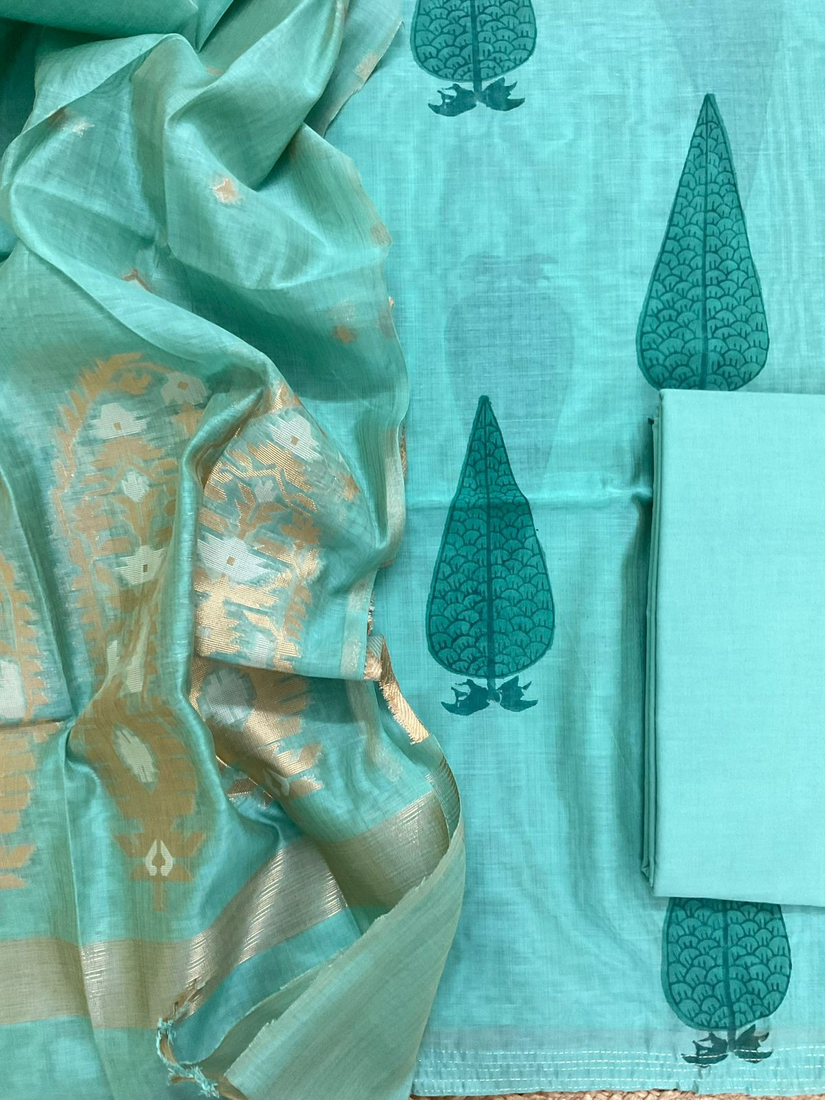 Soft Kora Chanderi Block Printed Jamdani Weaved Suit - Sea Blue