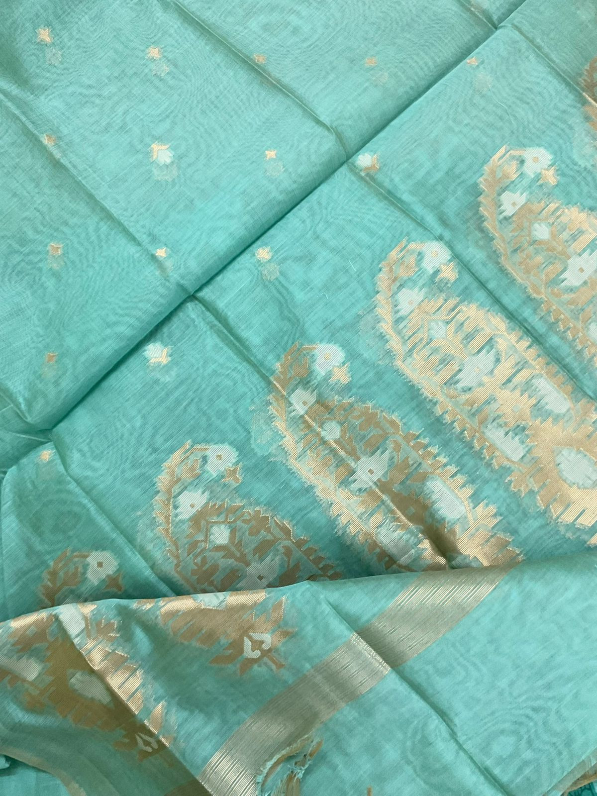 Soft Kora Chanderi Block Printed Jamdani Weaved Suit - Sea Blue