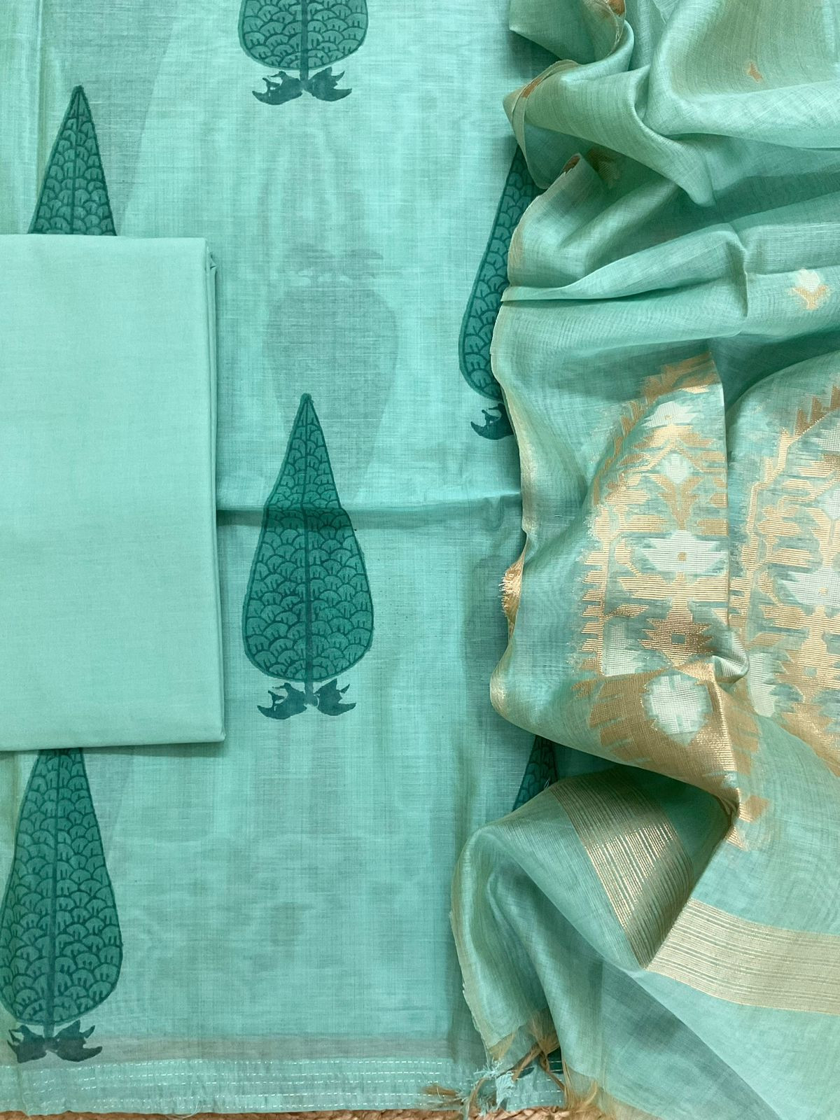 Soft Kora Chanderi Block Printed Jamdani Weaved Suit - Sea Blue