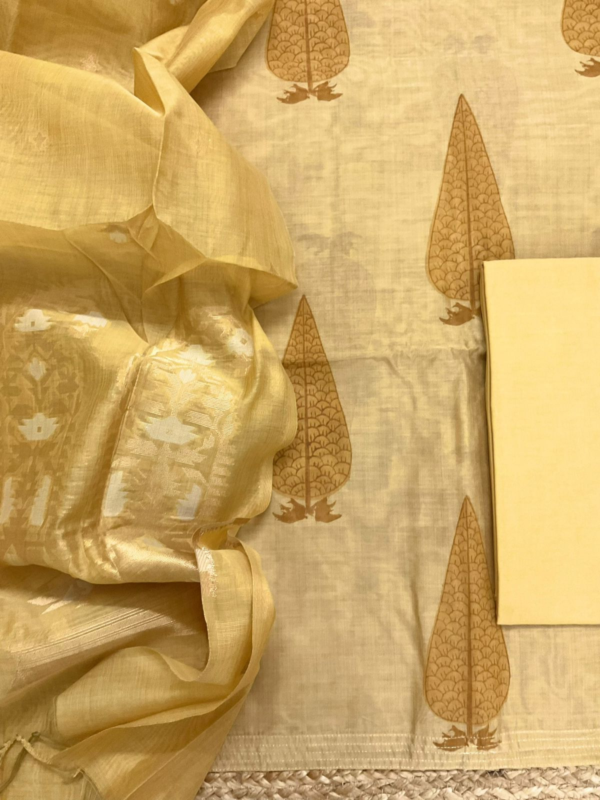 Soft Kora Chanderi Block Printed Jamdani Weaved Suit - Yellow