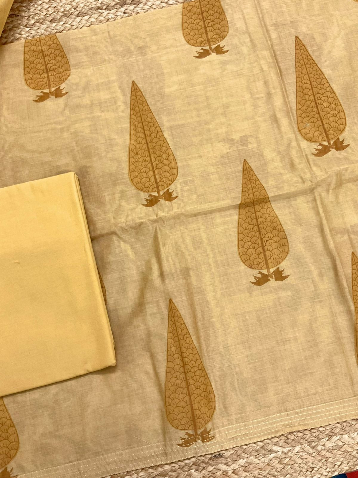 Soft Kora Chanderi Block Printed Jamdani Weaved Suit - Yellow