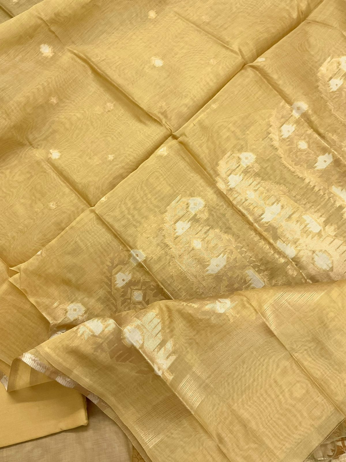 Soft Kora Chanderi Block Printed Jamdani Weaved Suit - Yellow