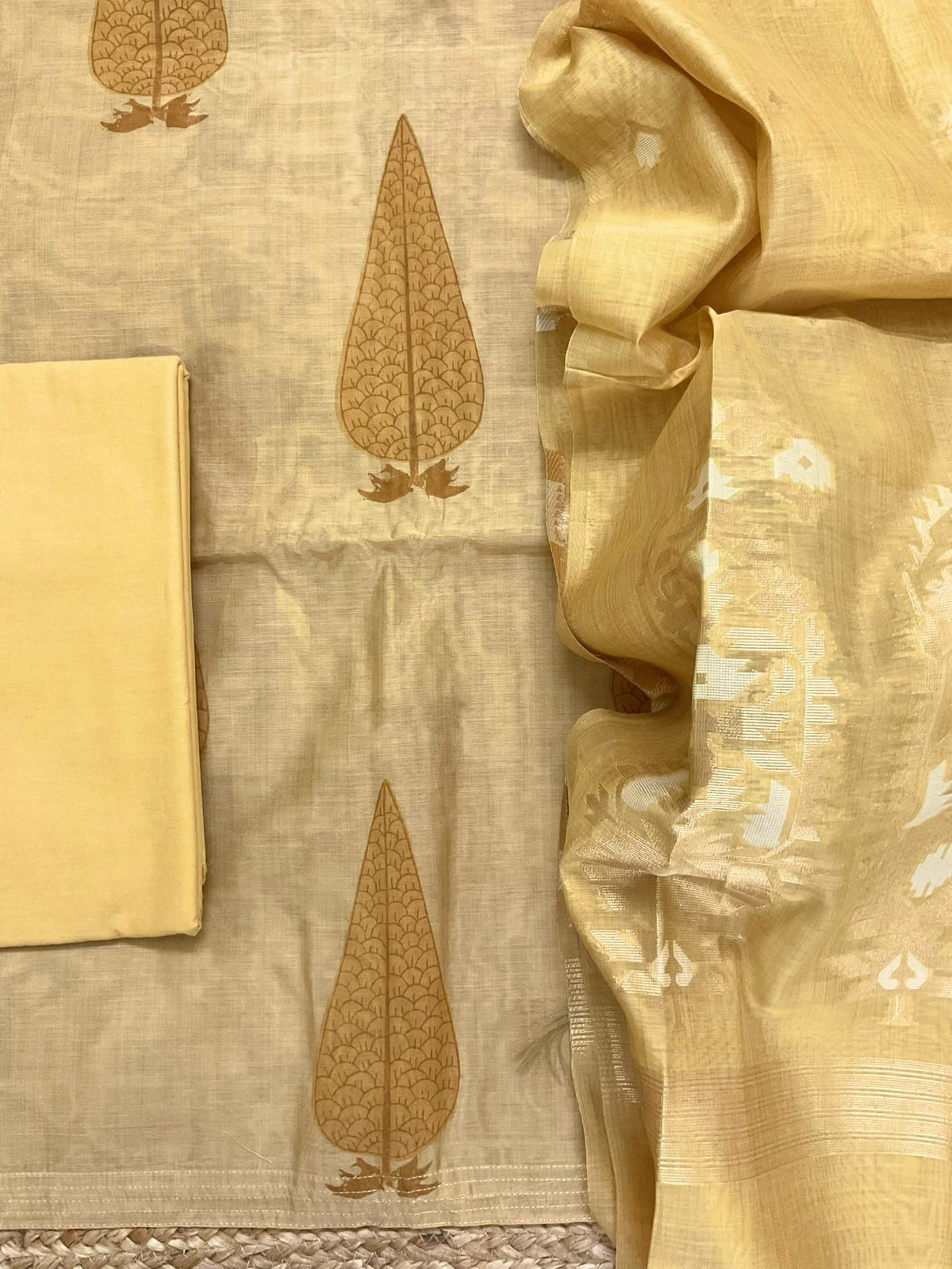 Soft Kora Chanderi Block Printed Jamdani Weaved Suit - Yellow