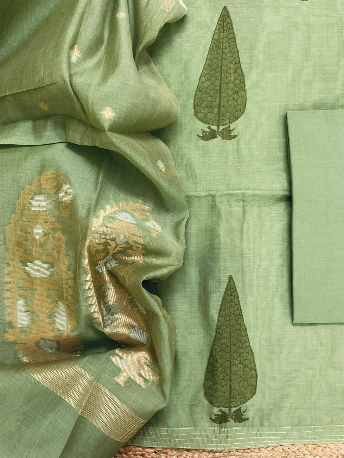 Soft Kora Chanderi Block Printed Jamdani Weaved Suit - Green
