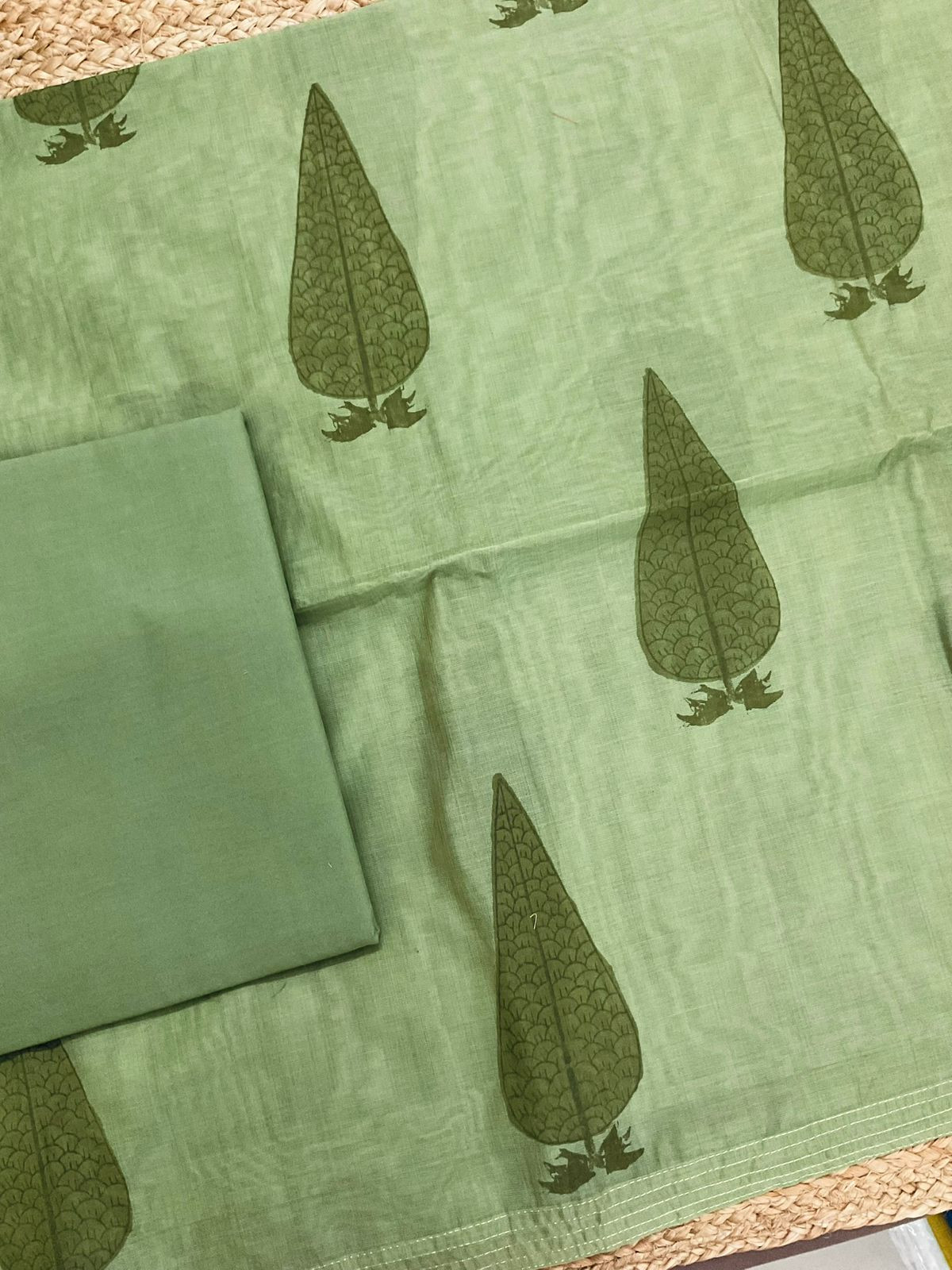 Soft Kora Chanderi Block Printed Jamdani Weaved Suit - Green