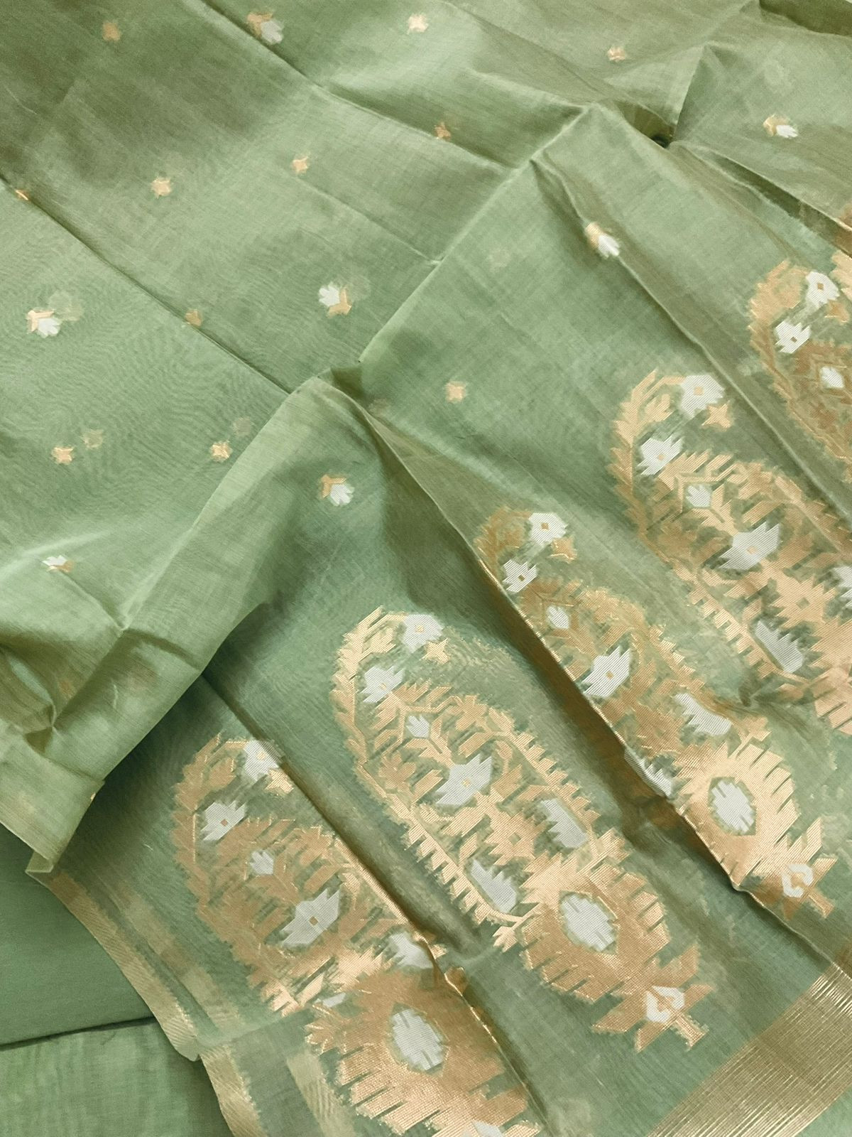 Soft Kora Chanderi Block Printed Jamdani Weaved Suit - Green