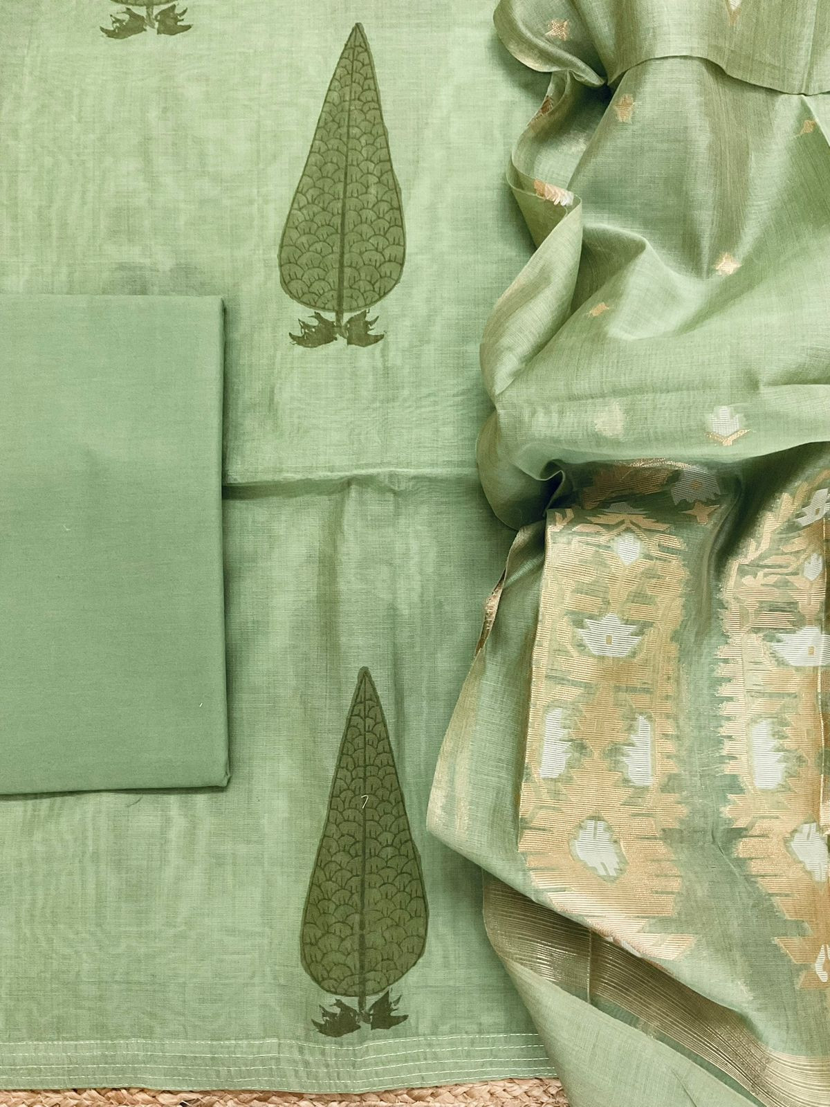 Soft Kora Chanderi Block Printed Jamdani Weaved Suit - Green