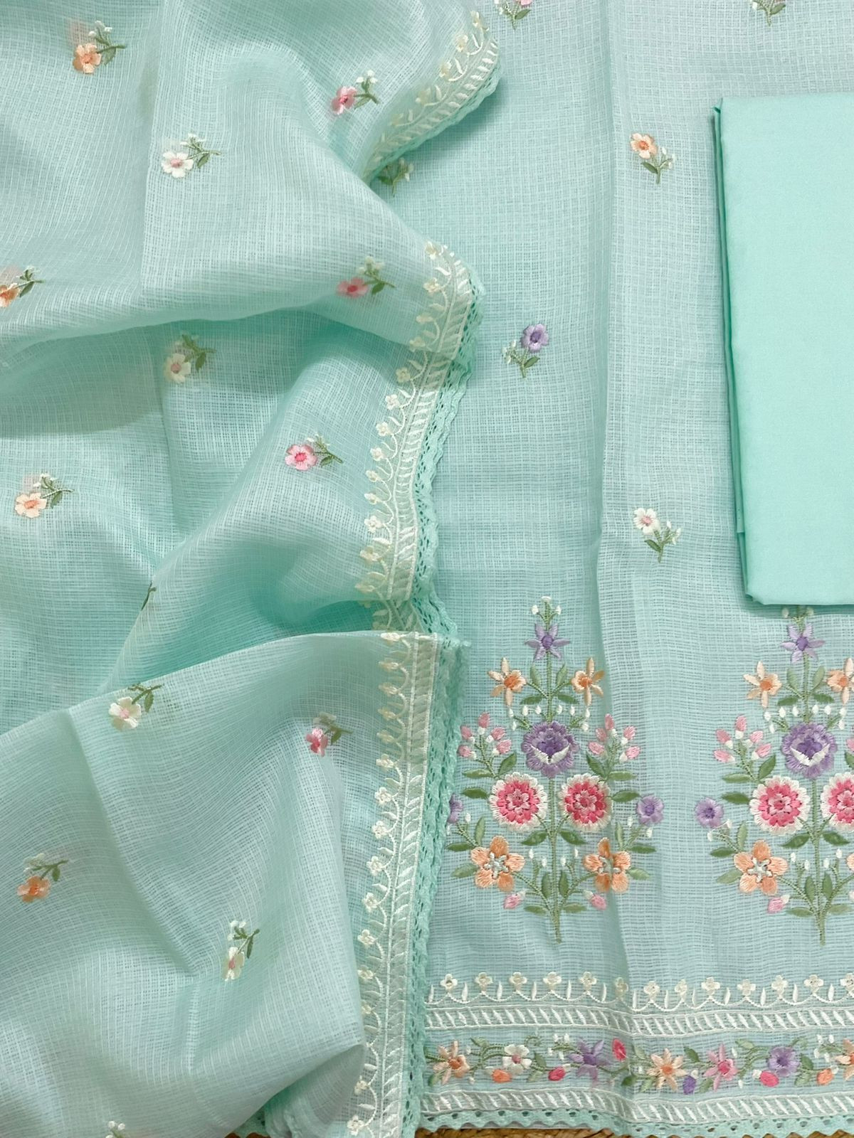 Soft Kota Silk Embroidered Suit - Blue