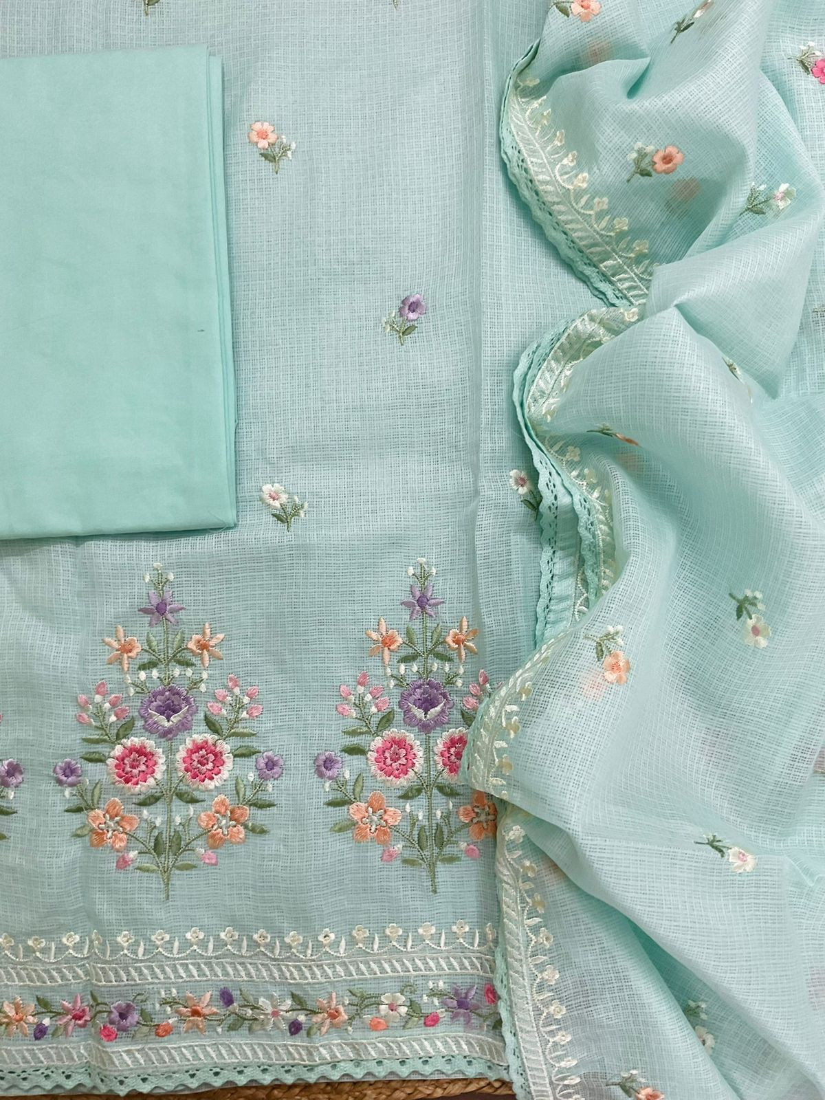 Soft Kota Silk Embroidered Suit - Blue