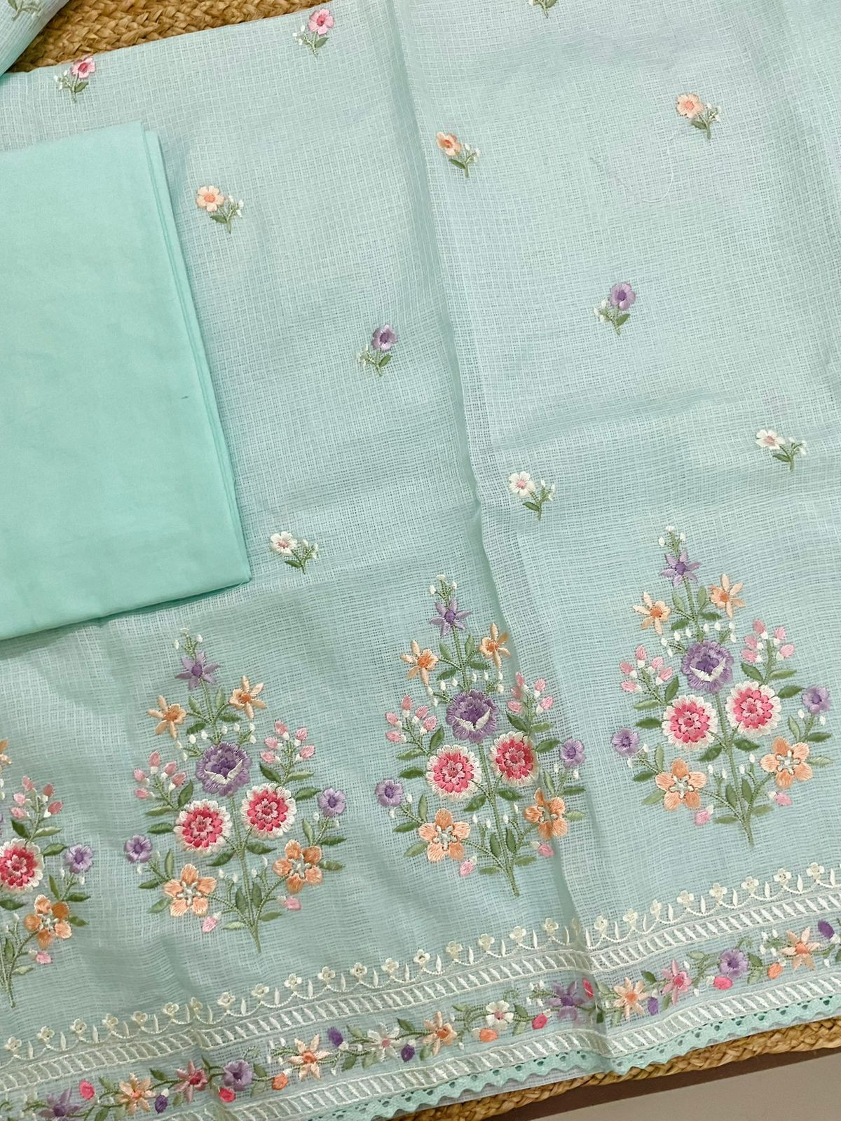 Soft Kota Silk Embroidered Suit - Blue