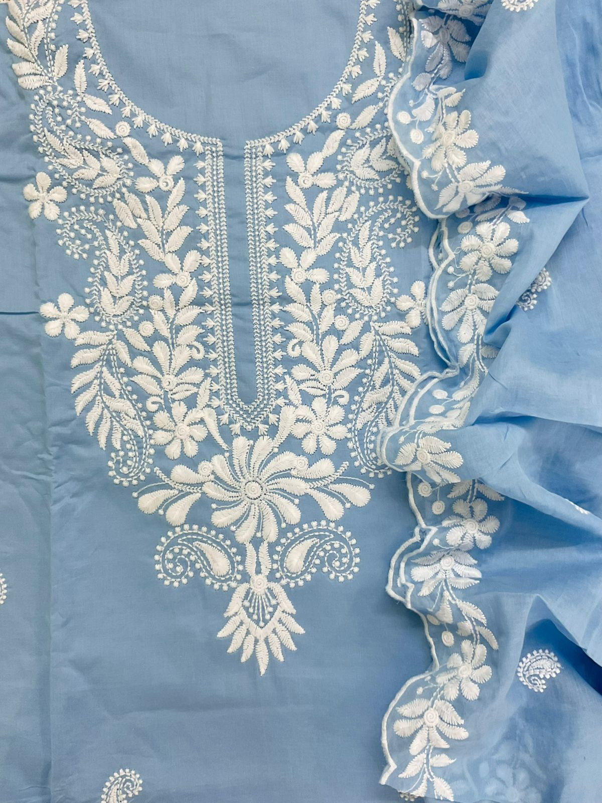 Pure Cotton Embroidered Suit - Blue