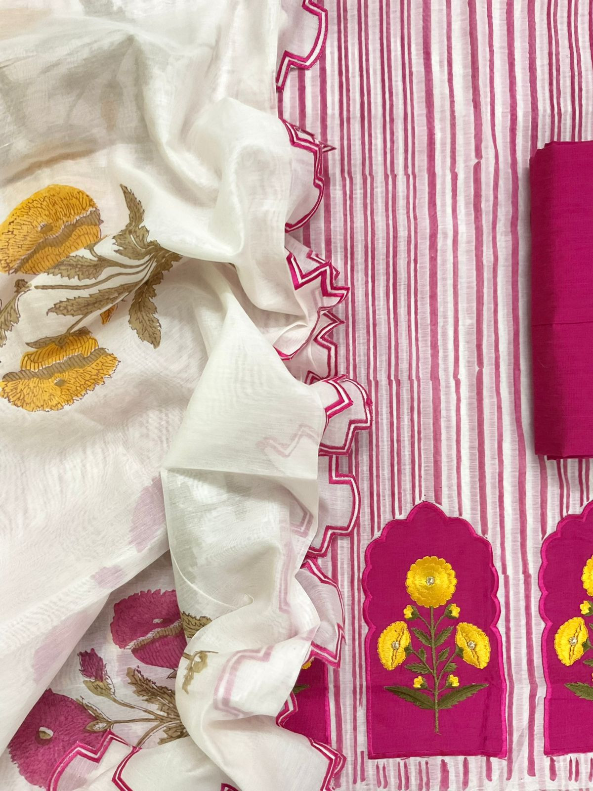 Pure Chanderi Block Printed Embroidered Suit - Pink