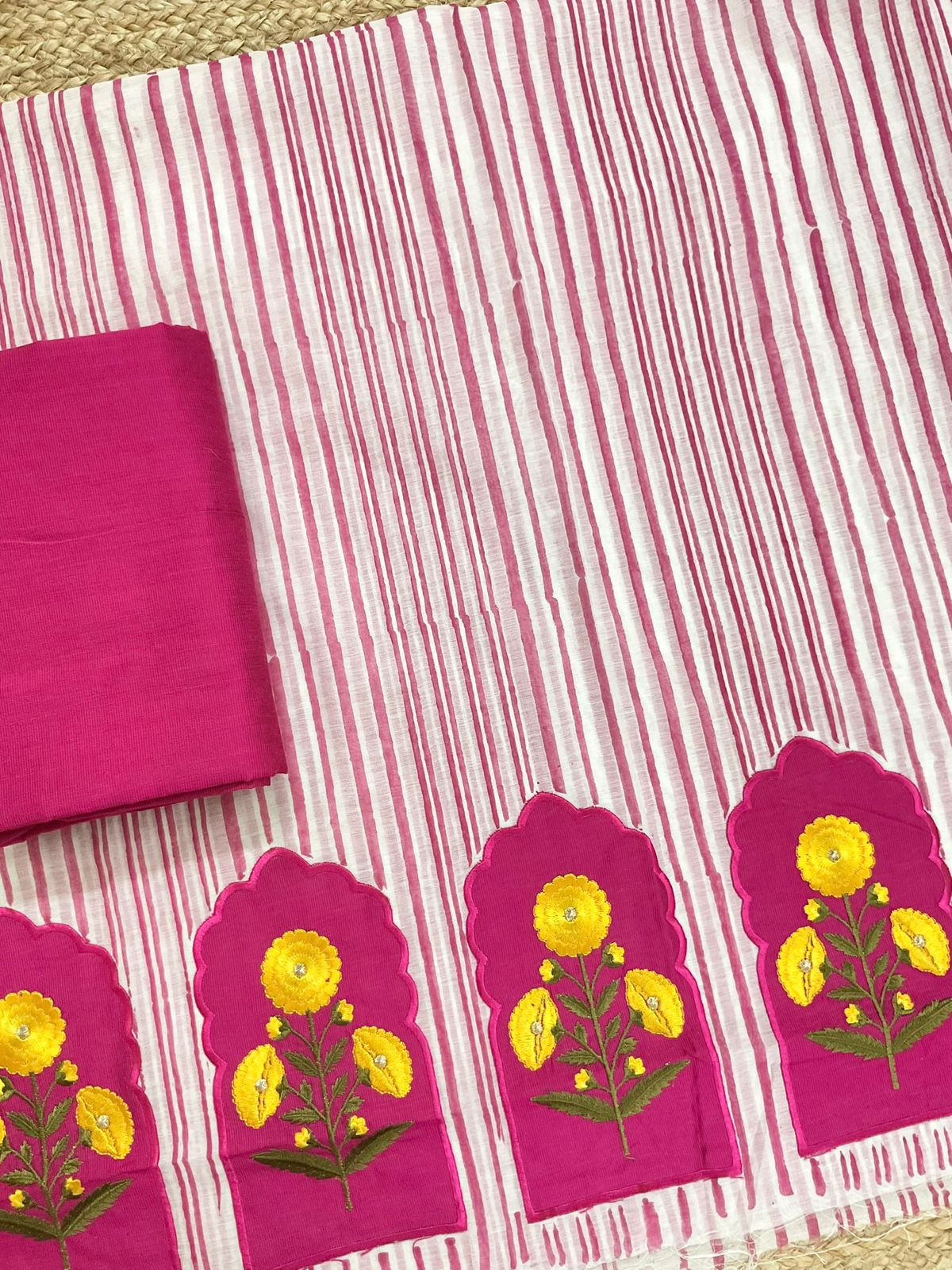 Pure Chanderi Block Printed Embroidered Suit - Pink