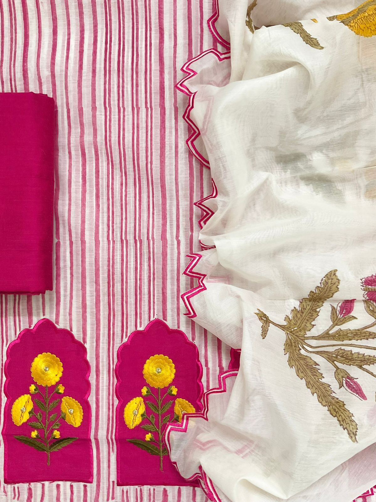 Pure Chanderi Block Printed Embroidered Suit - Pink
