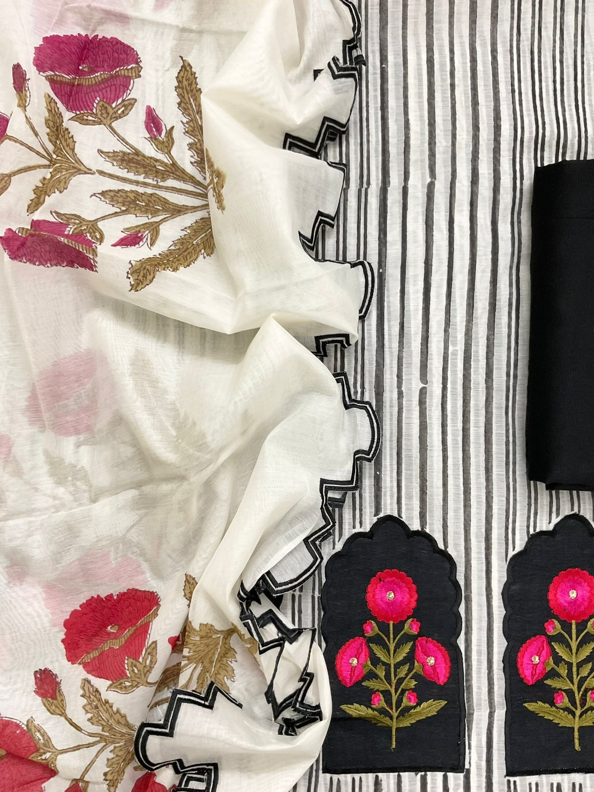 Pure Chanderi Block Printed Embroidered Suit - Black