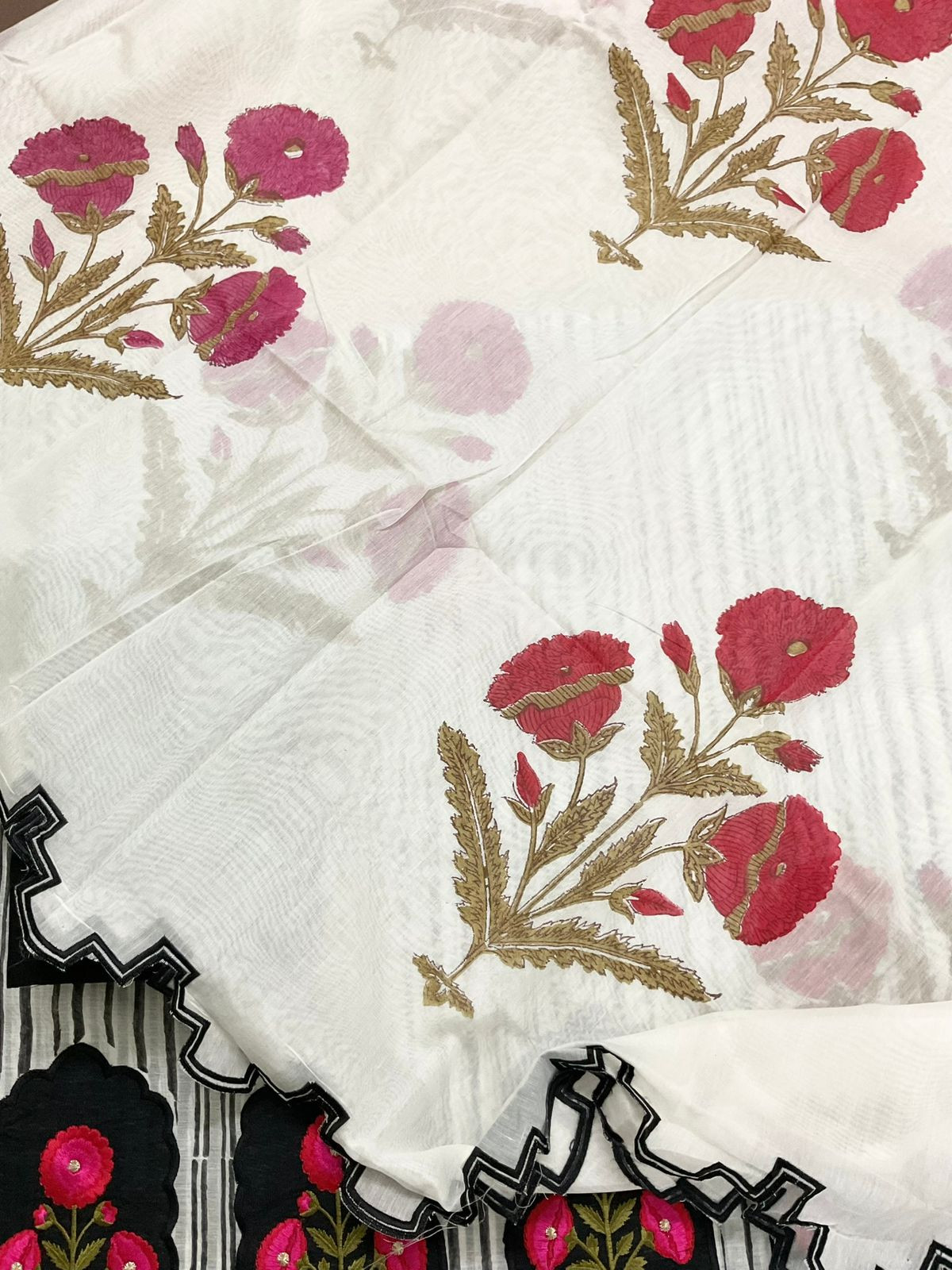 Pure Chanderi Block Printed Embroidered Suit - Black