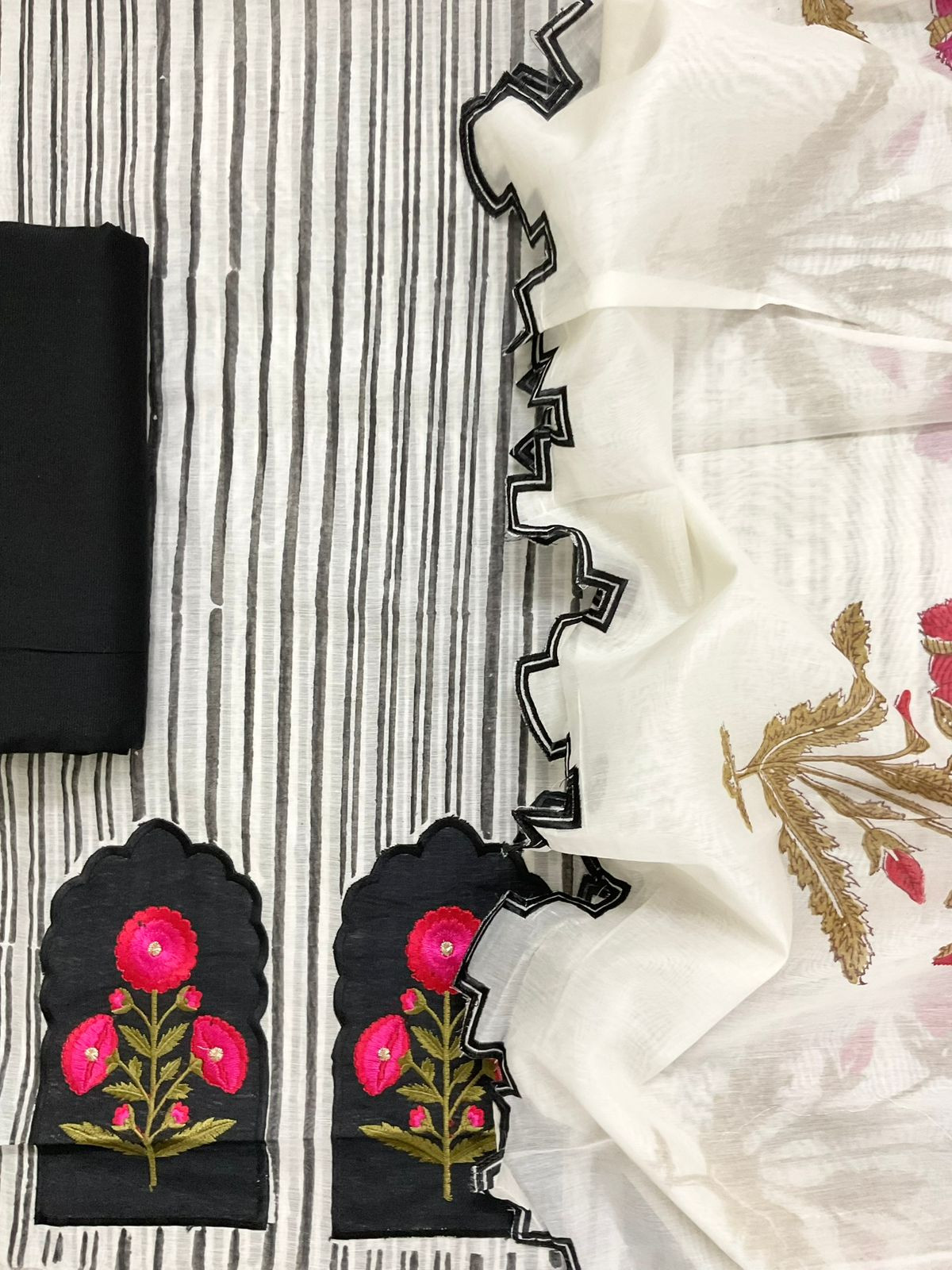 Pure Chanderi Block Printed Embroidered Suit - Black