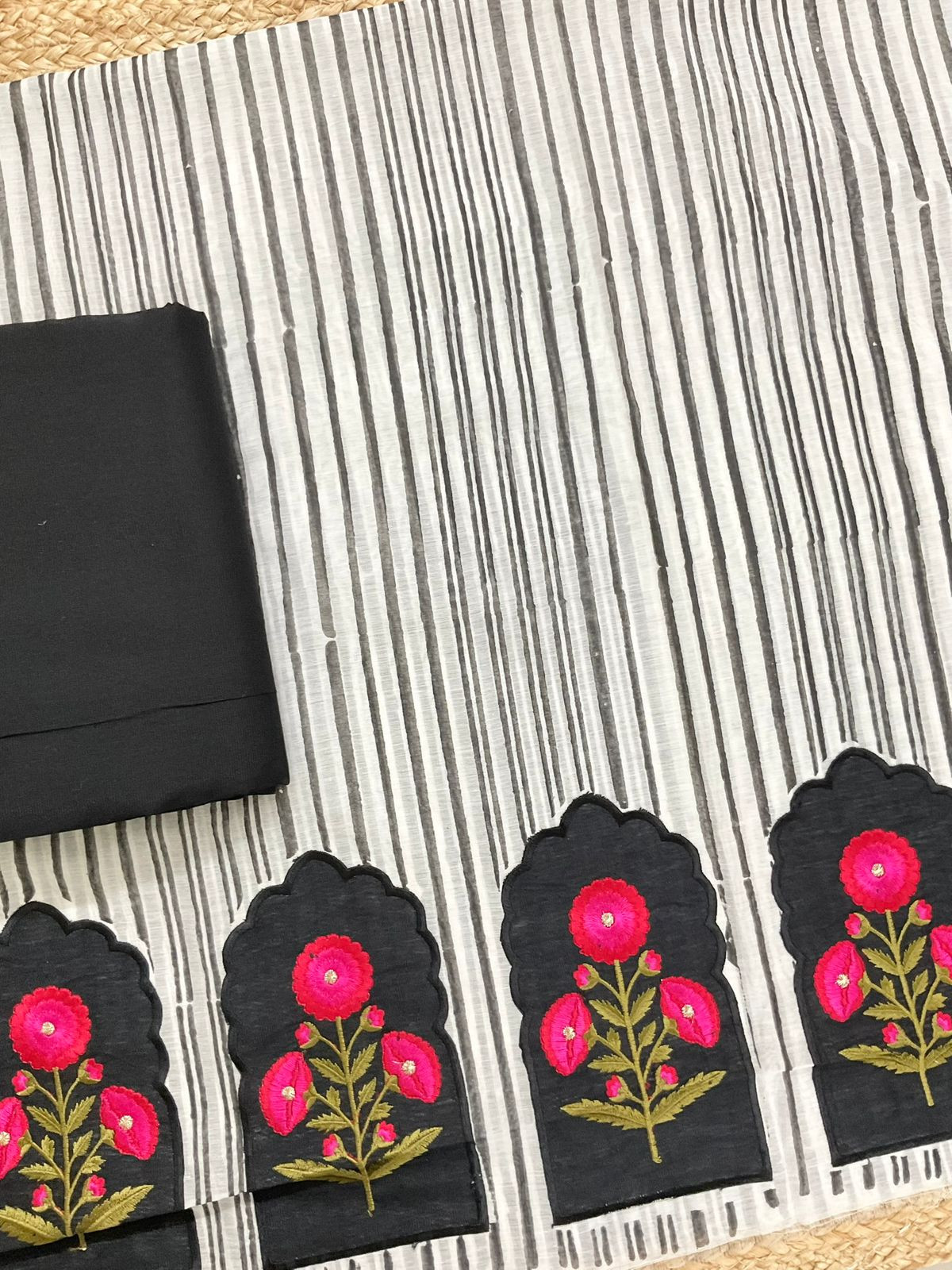 Pure Chanderi Block Printed Embroidered Suit - Black