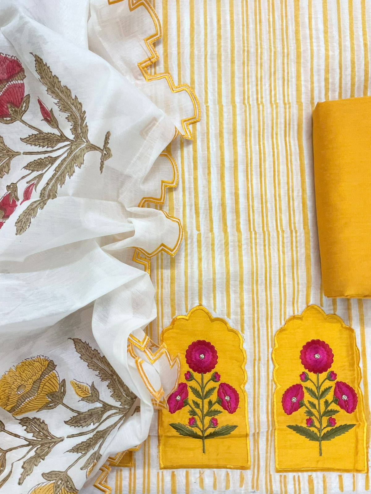 Pure Chanderi Block Printed Embroidered Suit - Yellow