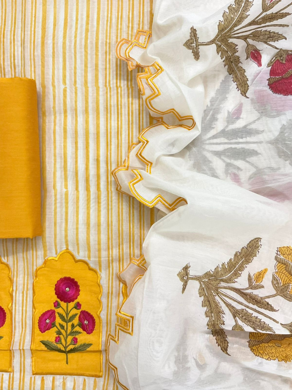 Pure Chanderi Block Printed Embroidered Suit - Yellow