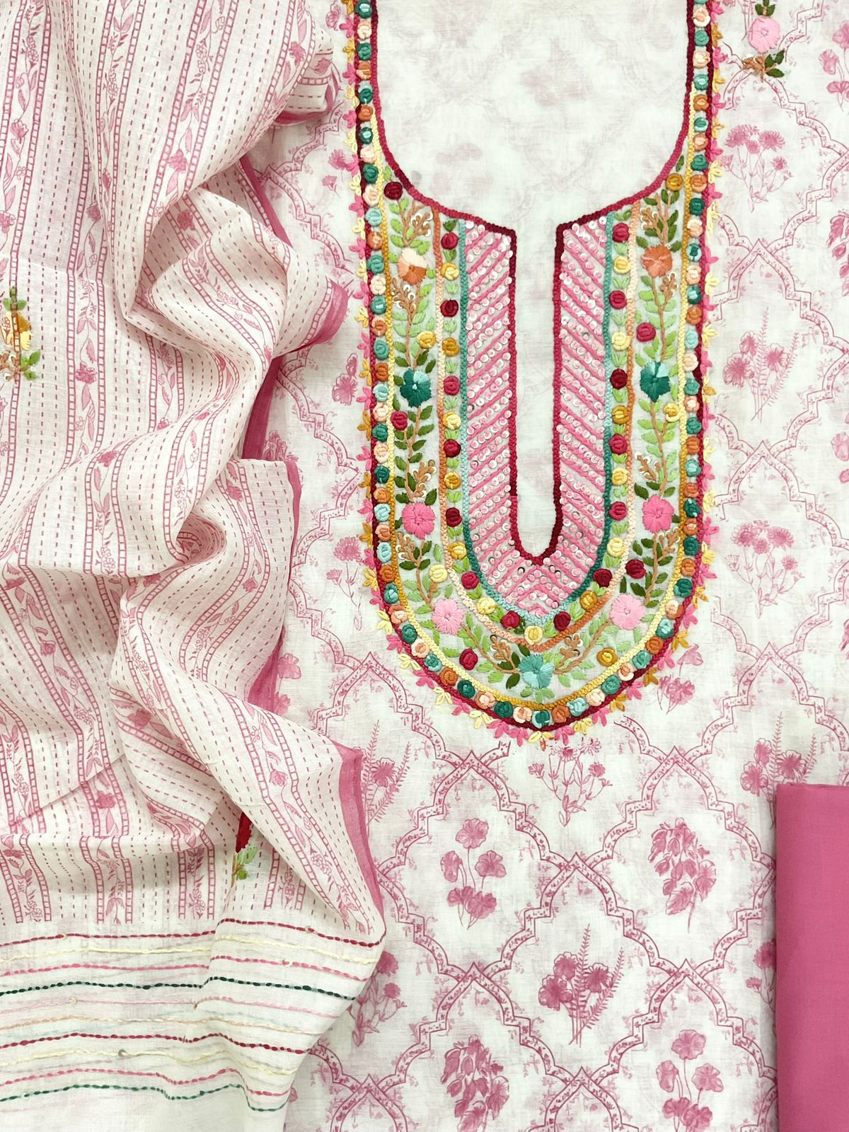 Pure Chanderi Printed Embroidered Suit - Off White