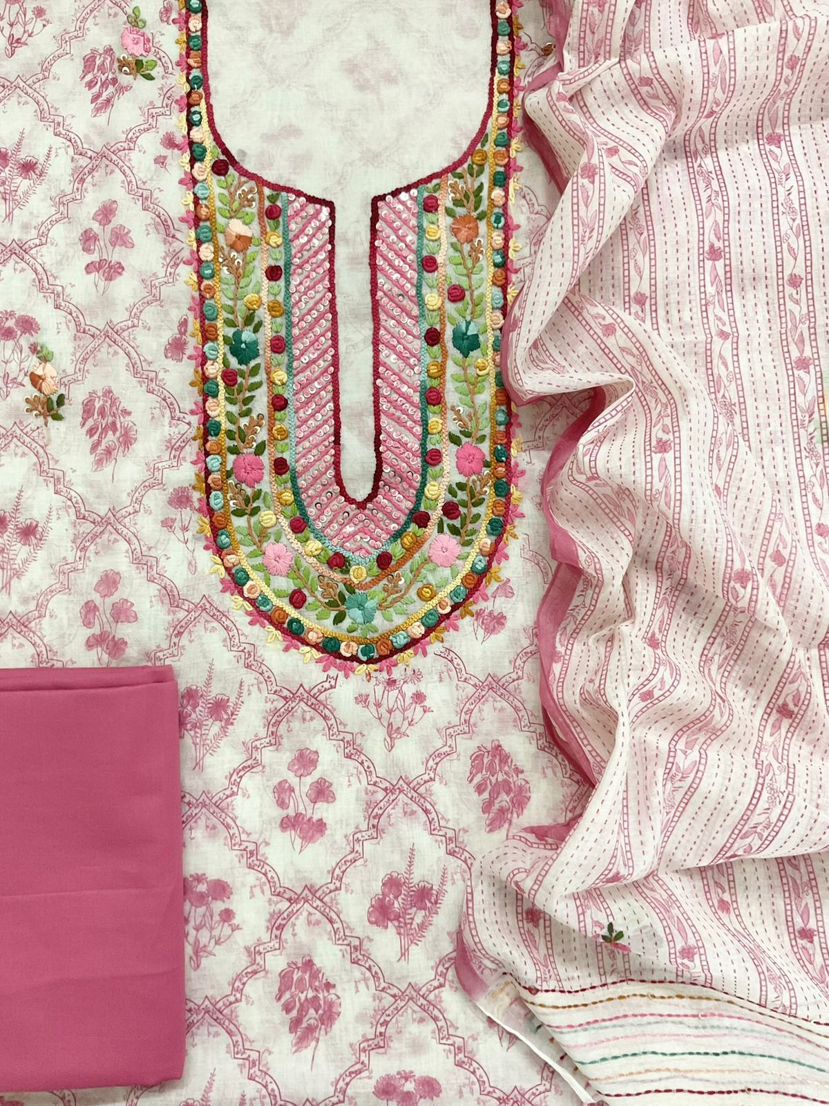 Pure Chanderi Printed Embroidered Suit - Off White