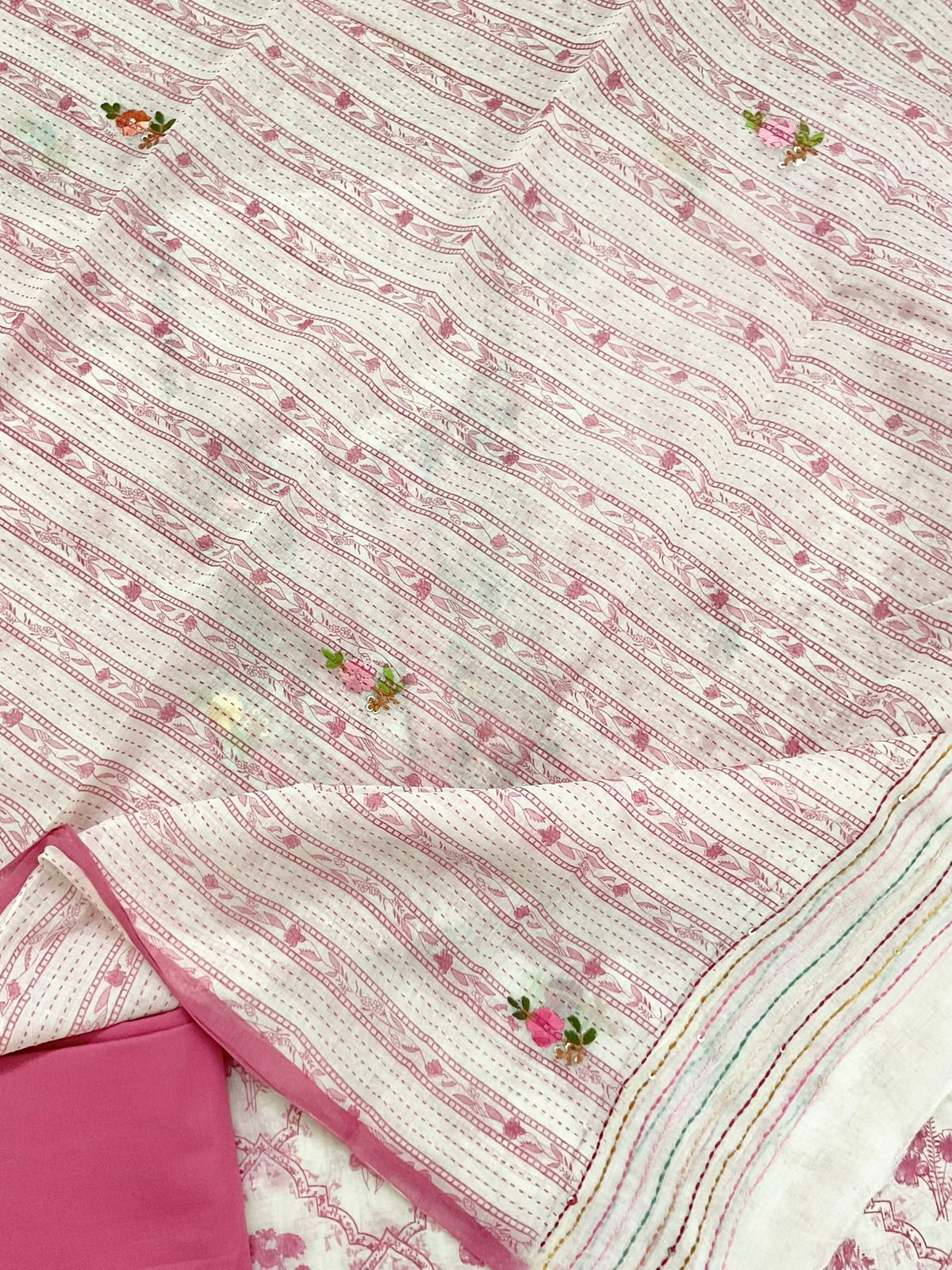Pure Chanderi Printed Embroidered Suit - Off White