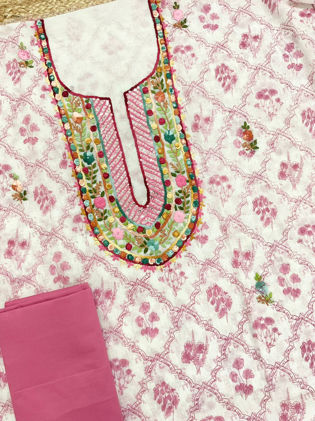 Pure Chanderi Printed Embroidered Suit - Off White