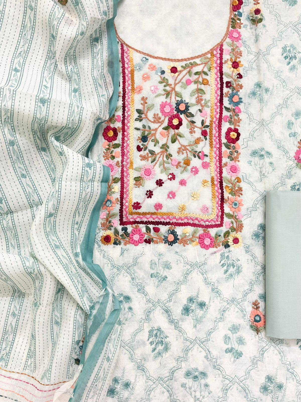 Pure Chanderi Printed Embroidered Suit - Off White