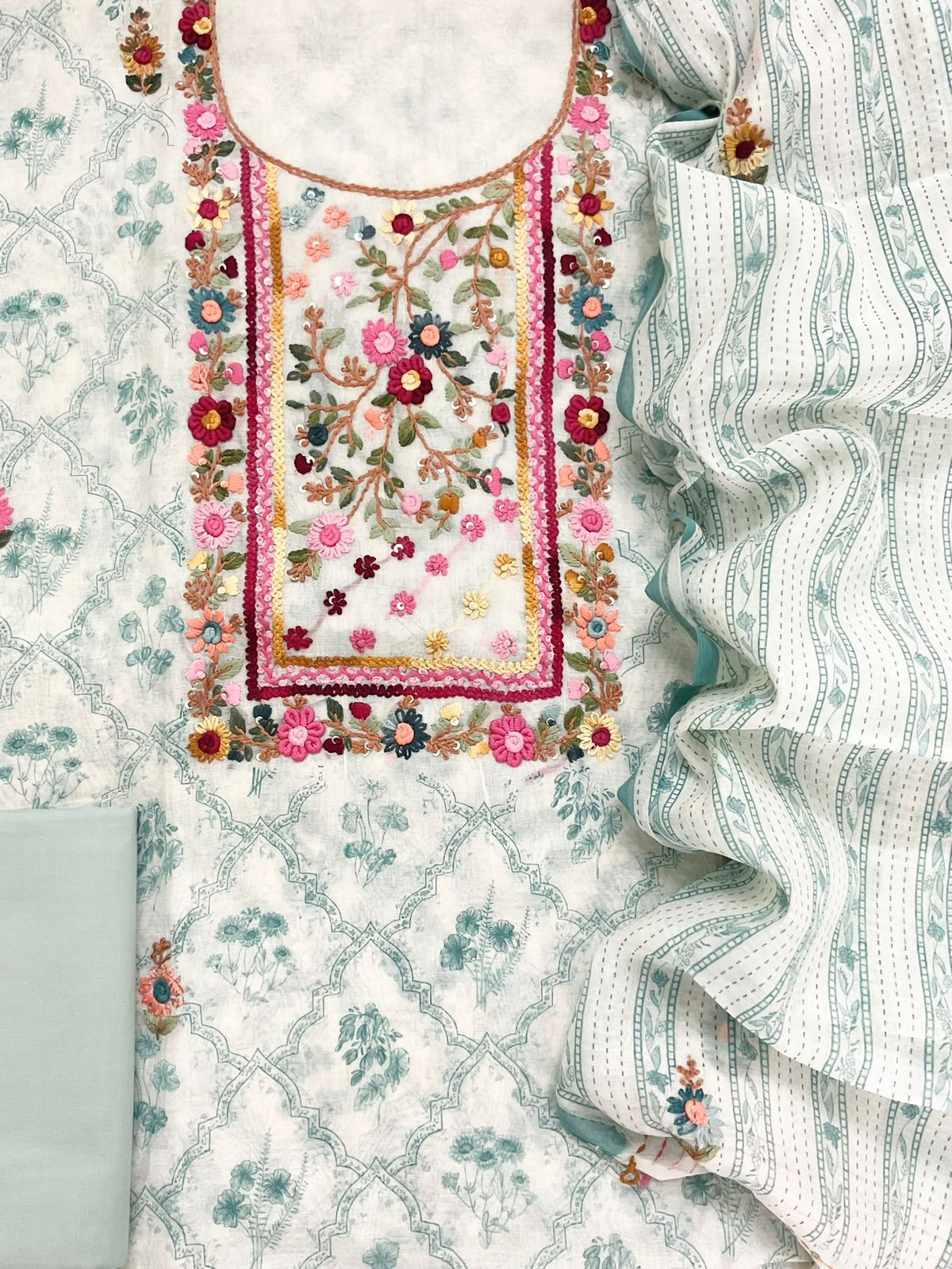 Pure Chanderi Printed Embroidered Suit - Off White